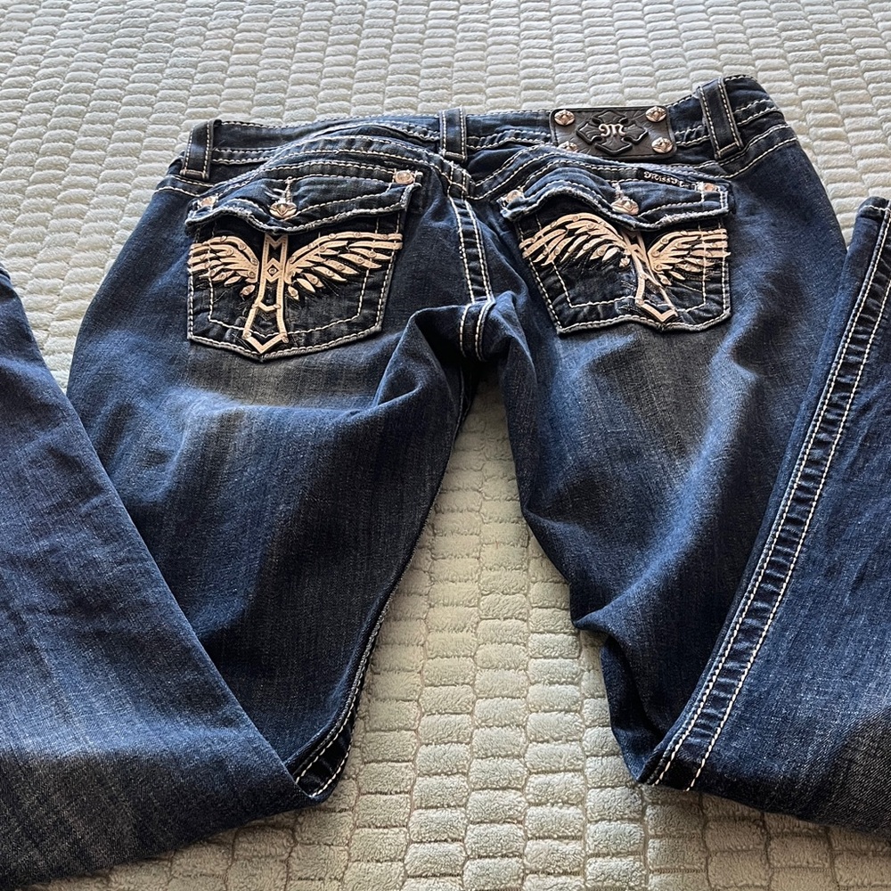 Miss Me Dark Blue Boot Cut Jeans with Wing Embroidery